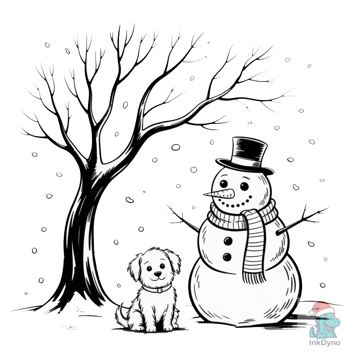 Snowman and Dog Winter Scene