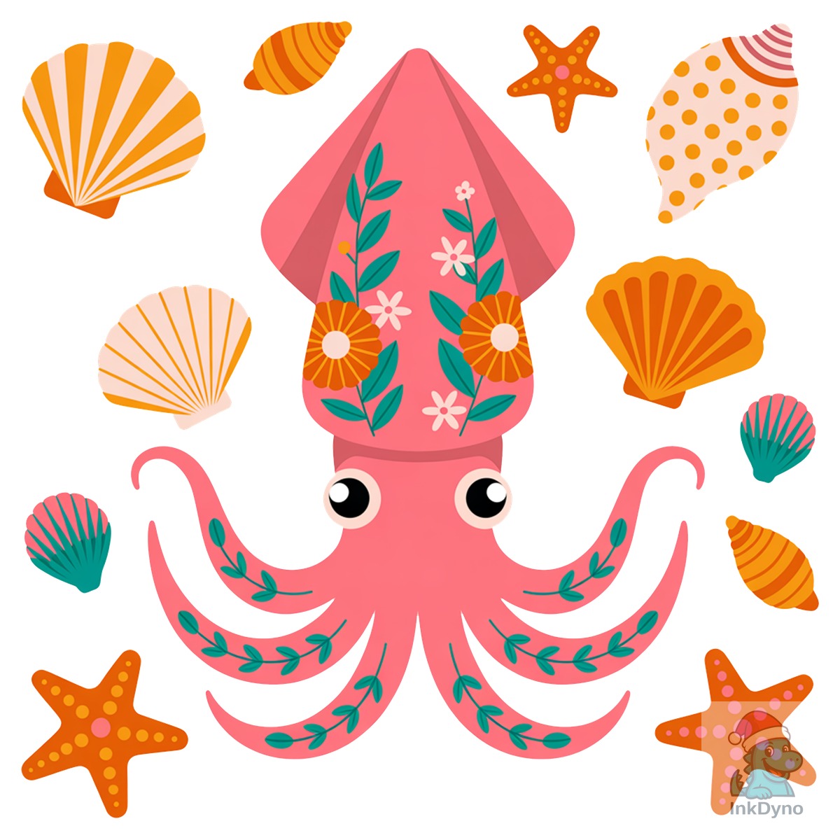 Cute Floral Squid with Seashells Des