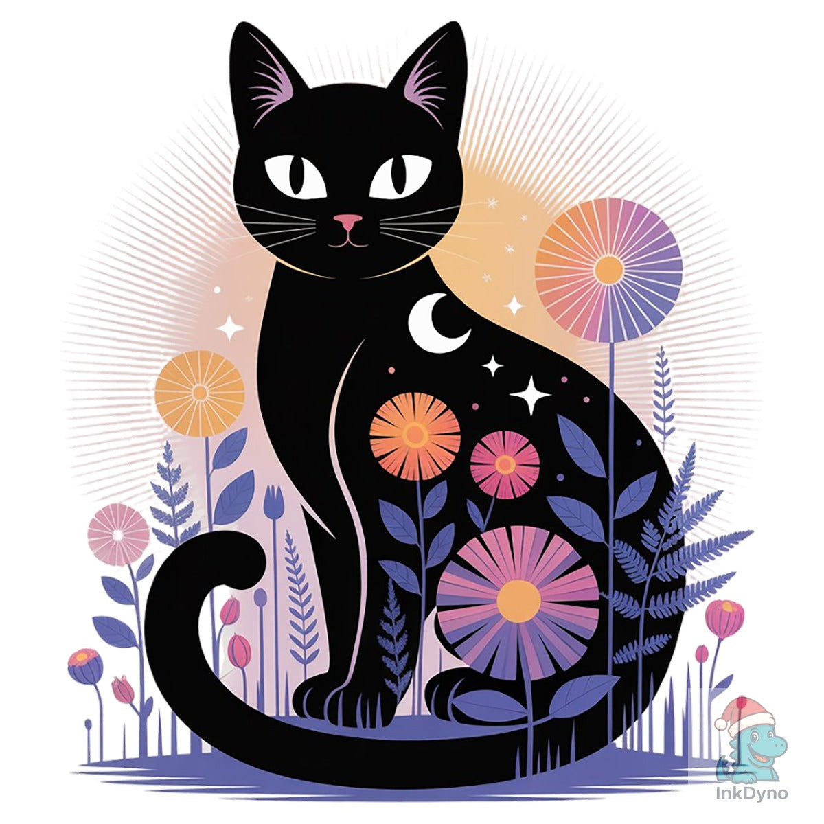 Black Cat with Celestial & Floral Motifs