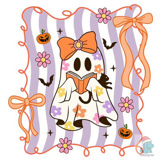 Preppy Halloween Ghost Books Cat - DTF Transfer