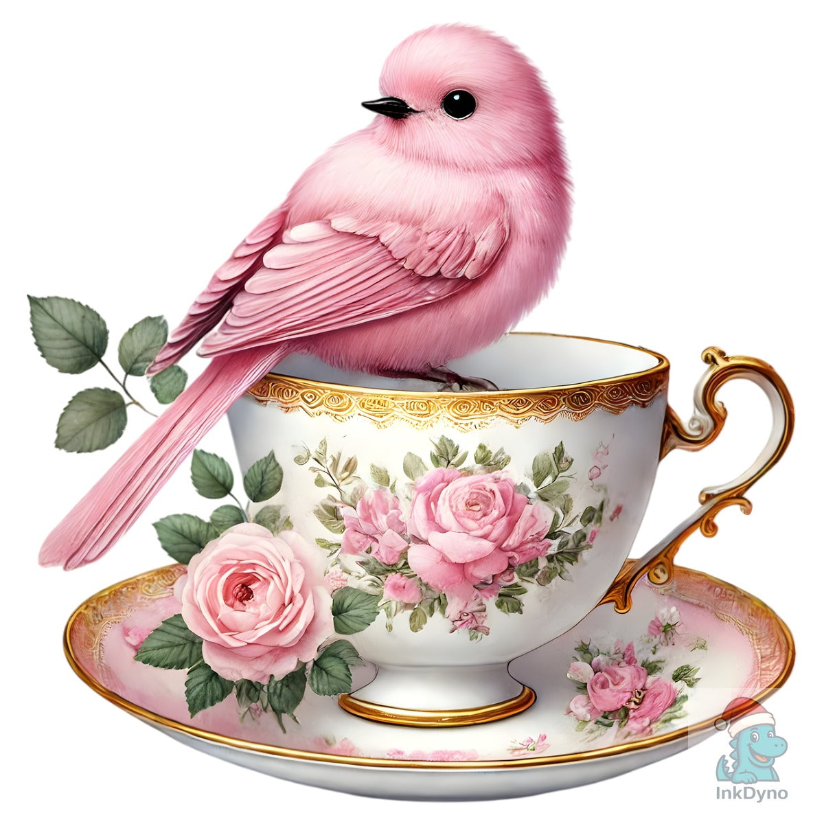 Pink Bird Sitting in a Floral Teacup