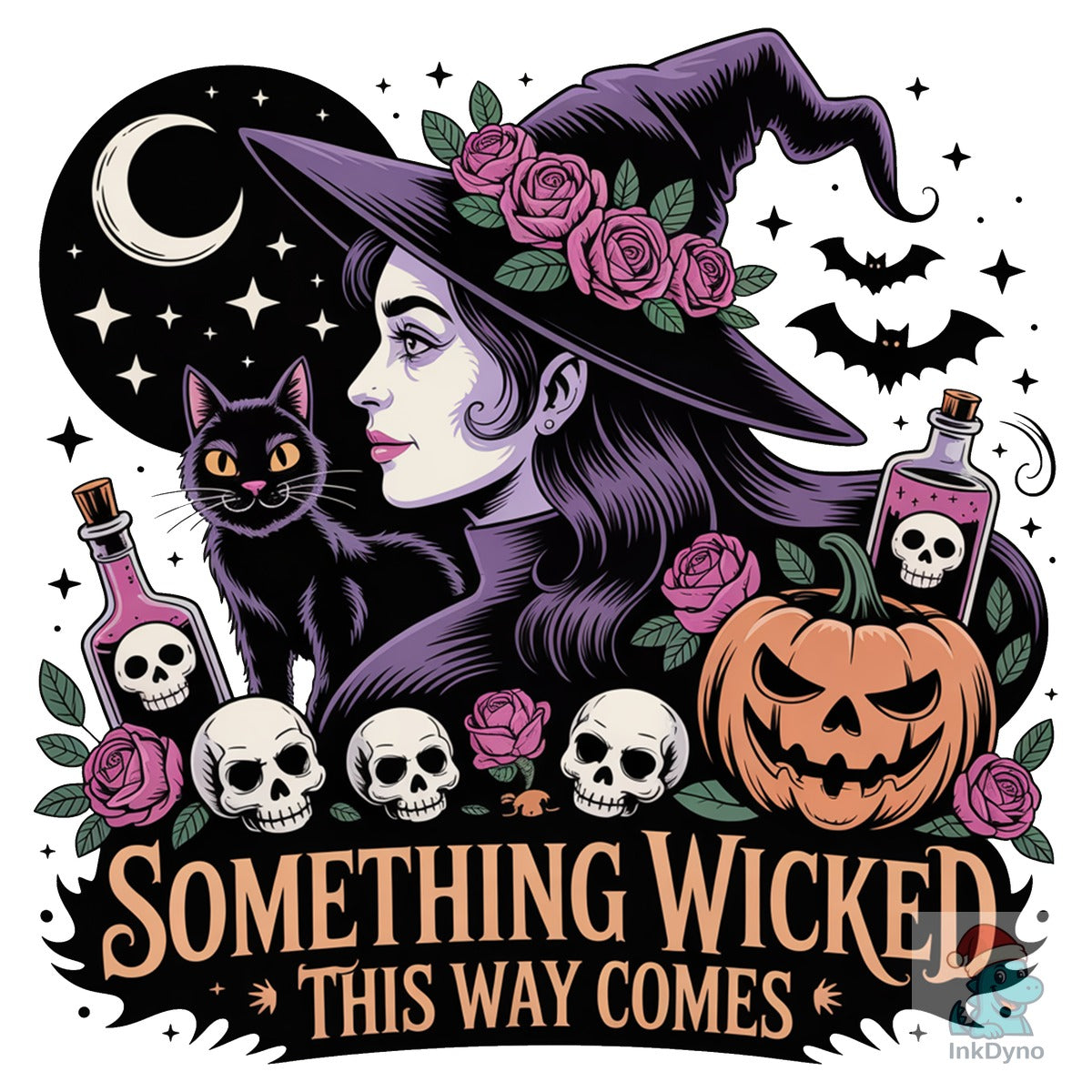Witch with Black Cat Pumpkin Skulls
