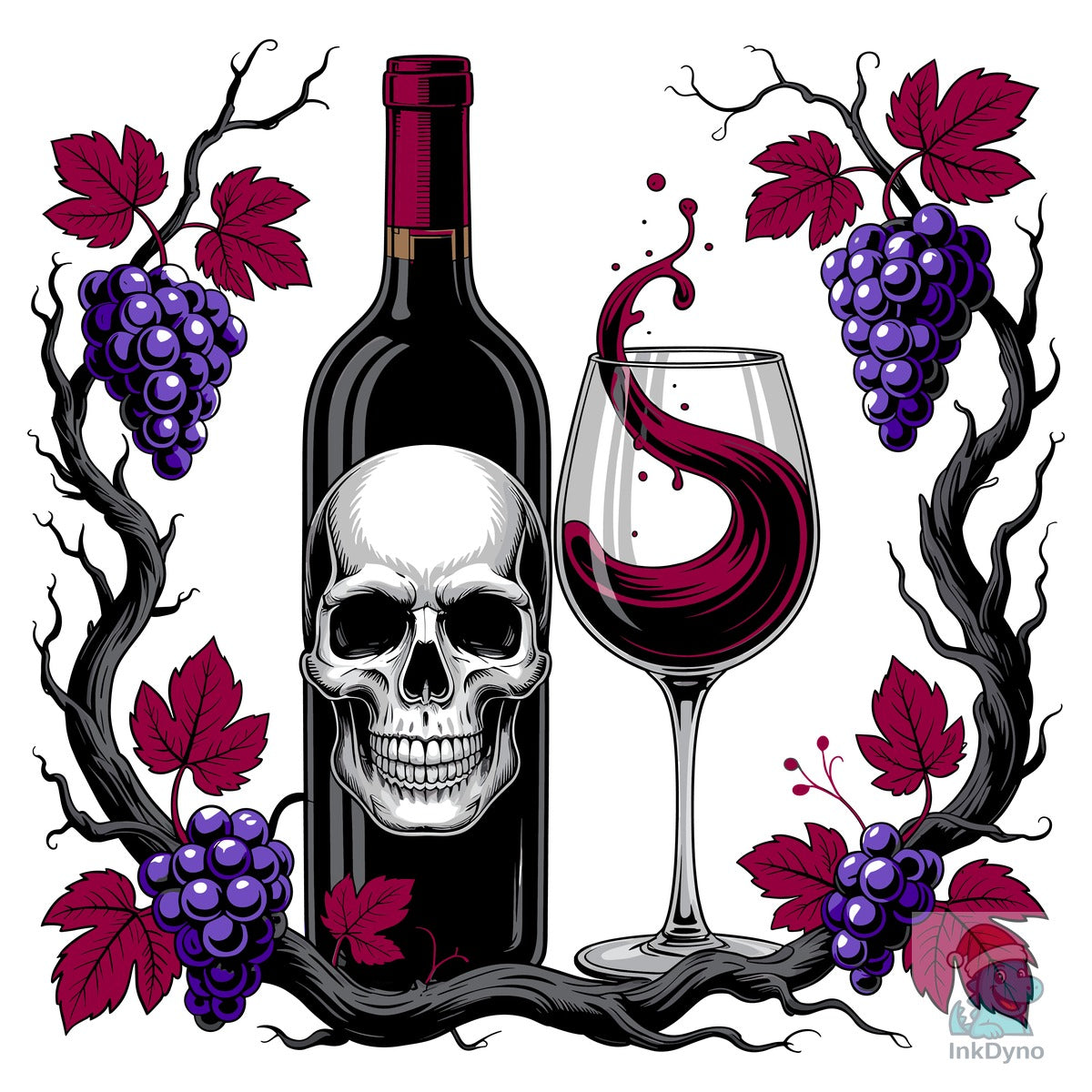 Skull with Wine Bottle Glass and Grape