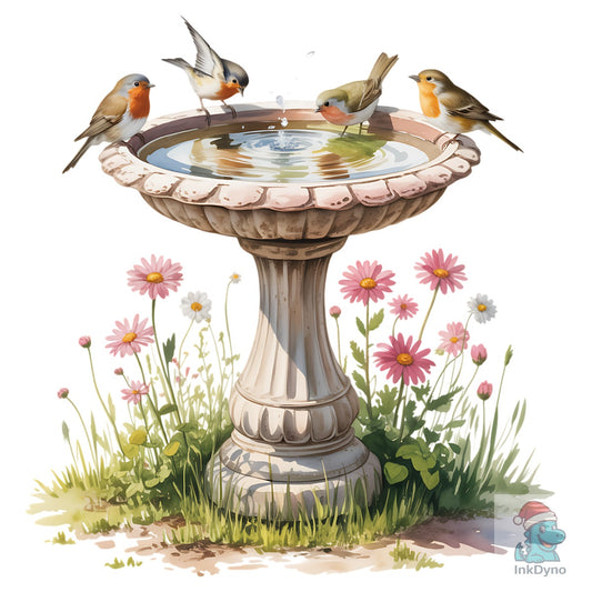 Bird Bath Vintage Garden Birdbath - DTF Transfer