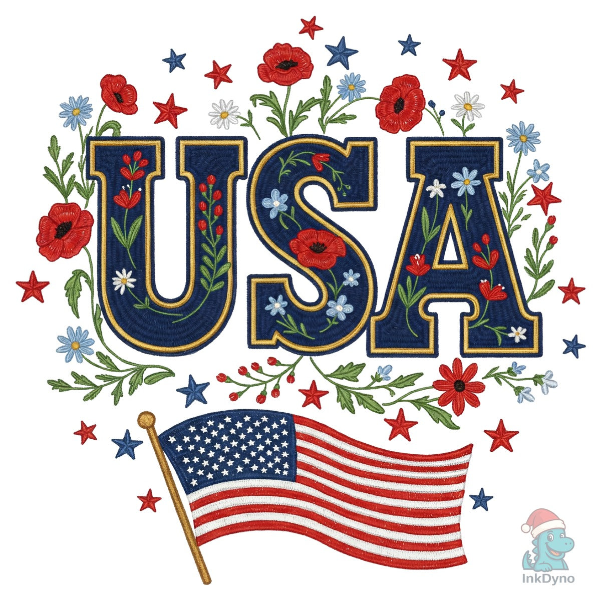 Floral Embroidery USA Retro America