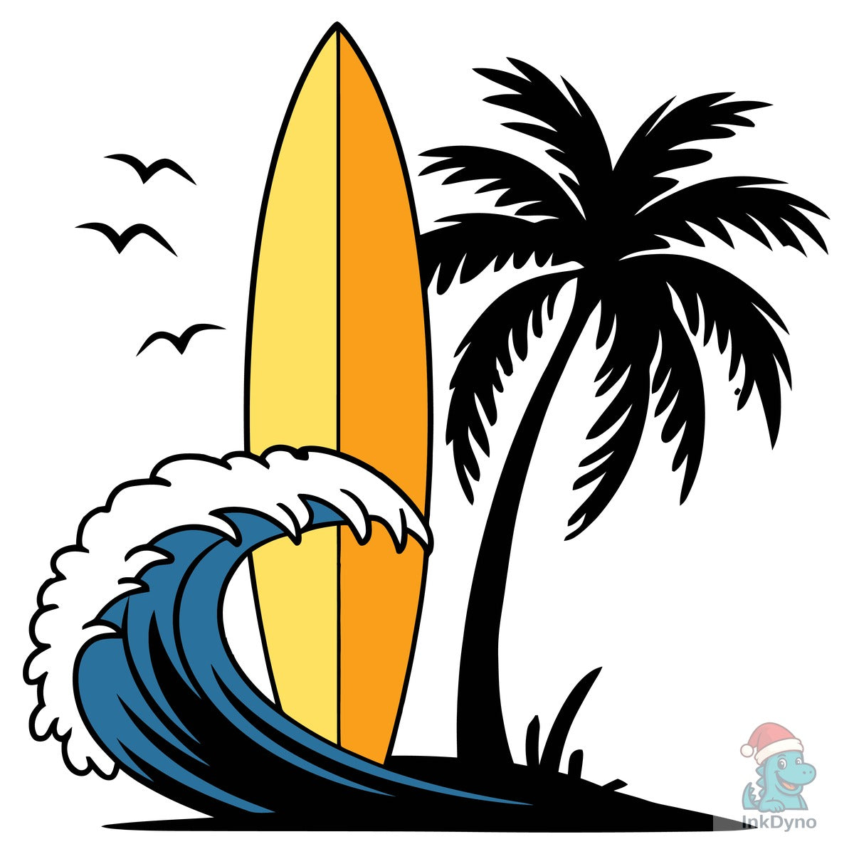 Surfboard with Ocean Wave and Palm Tree