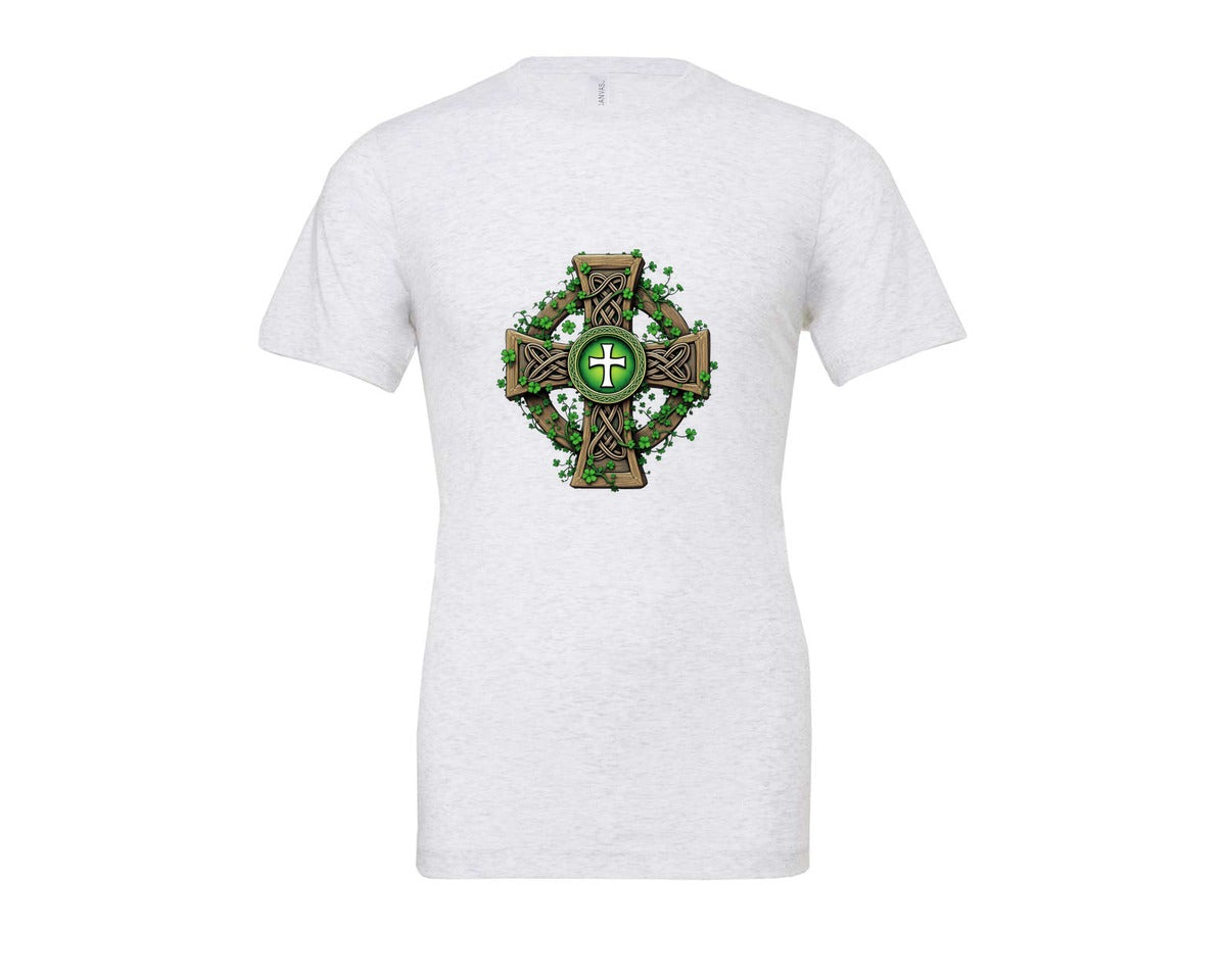 brand:Bella Canvas|color:Ash Grey|Celtic Cross With Shamrocks Irish Graphic T-Shirt