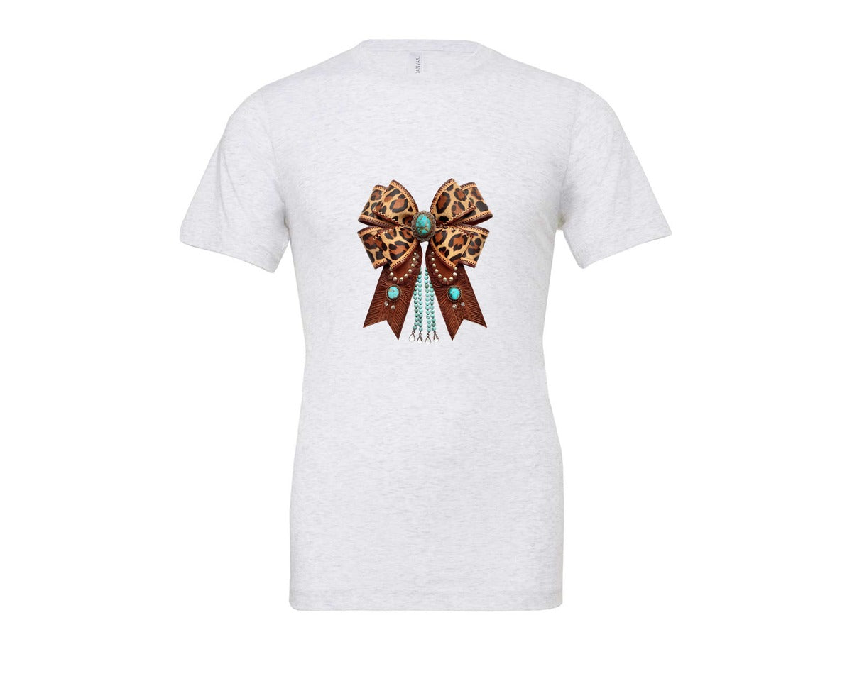 brand:Bella Canvas|color:Ash Grey|Western Leopard Bow Bohemian Coquette Graphic T-Shirt