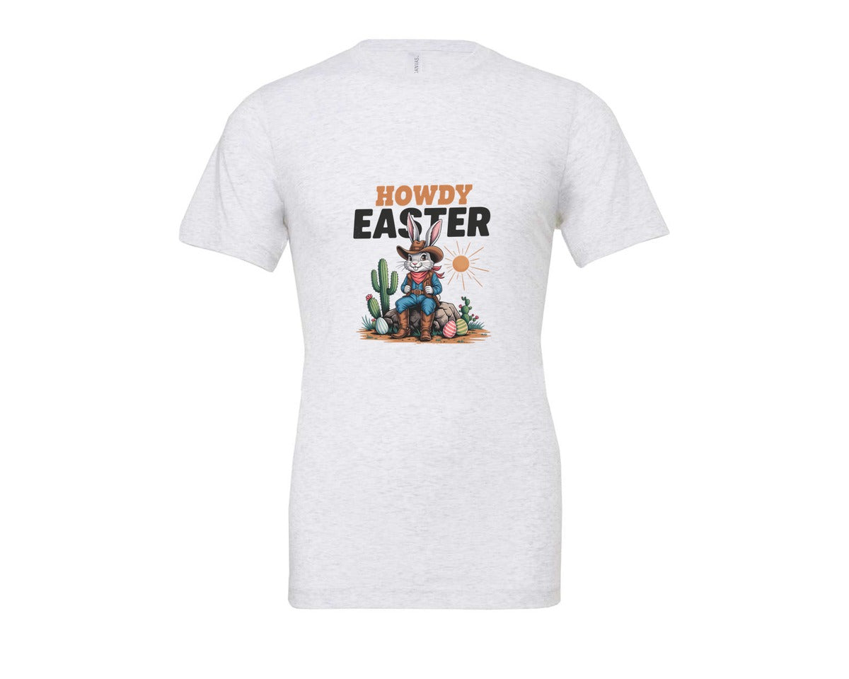 brand:Bella Canvas|color:Ash Grey|Howdy Easter Western Cowboy Bunny 2 Graphic T-Shirt