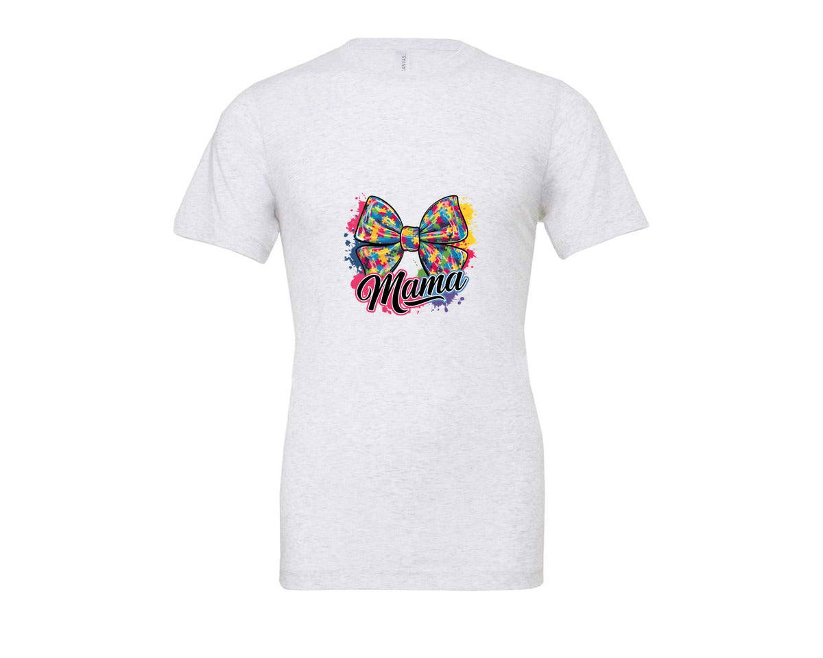 brand:Bella Canvas|color:Ash Grey|Autism Mama Colorful Puzzle Bow Art Graphic T-Shirt