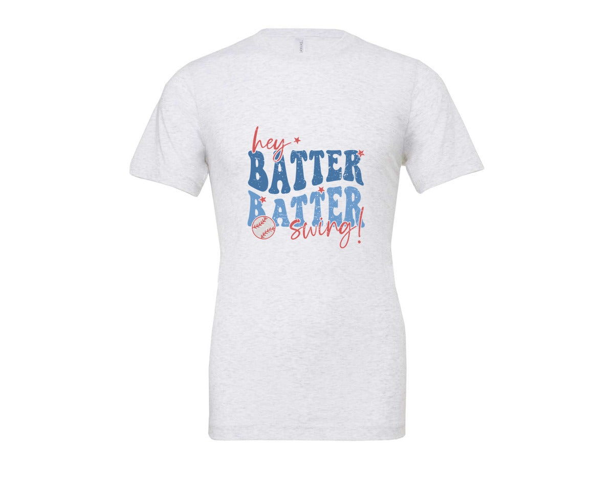 brand:Bella Canvas|color:Ash Grey|Retro Baseball Hey Batter Batter Swing Graphic T-Shirt