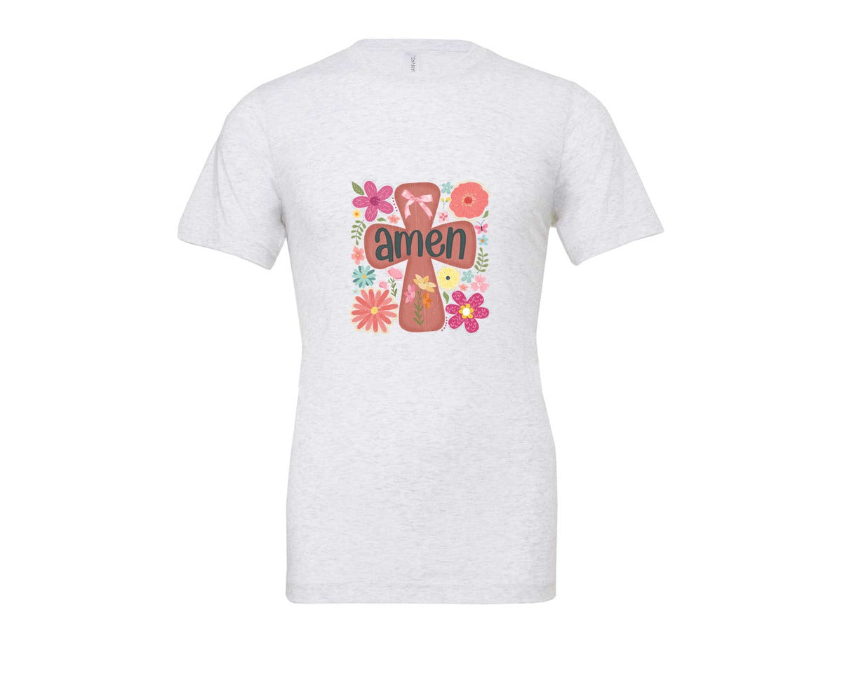 brand:Bella Canvas|color:Ash Grey|Boho Floral Amen Christian Graphic T-Shirt