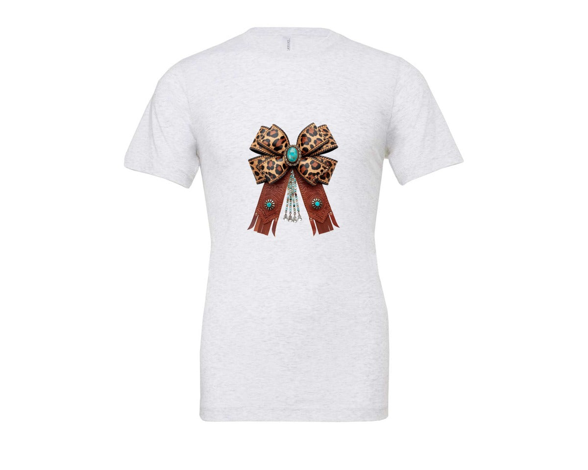 brand:Bella Canvas|color:Ash Grey|Western Leopard Bow Coquette Cowgirl 2 Graphic T-Shirt