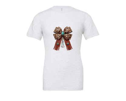brand:Bella Canvas|color:Ash Grey|Western Leopard Bow Coquette Cowgirl 2 Graphic T-Shirt