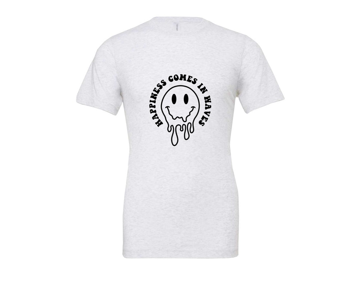 brand:Bella Canvas|color:Ash Grey|Happiness Comes In Waves Wavy Graphic T-Shirt