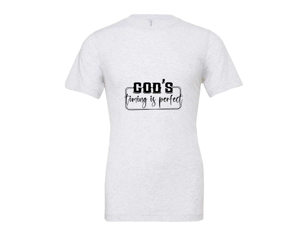 brand:Bella Canvas|color:Ash Grey|Gods Timing Is Perfect Sleeve Design Graphic T-Shirt
