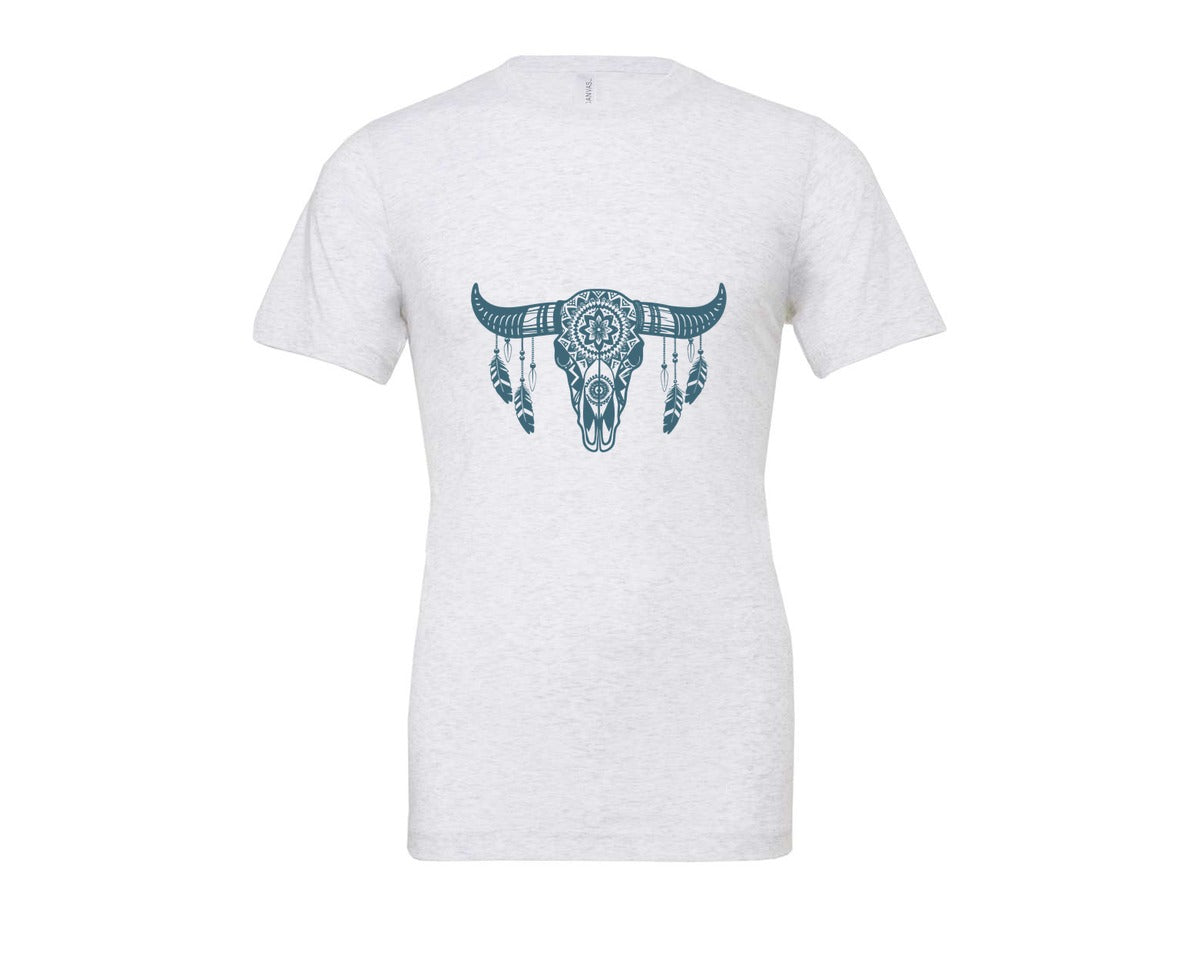 brand:Bella Canvas|color:Ash Grey|Western Bull Skull Aztec Boho Longhorn Graphic T-Shirt