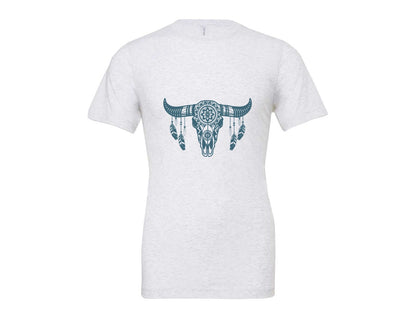 brand:Bella Canvas|color:Ash Grey|Western Bull Skull Aztec Boho Longhorn Graphic T-Shirt