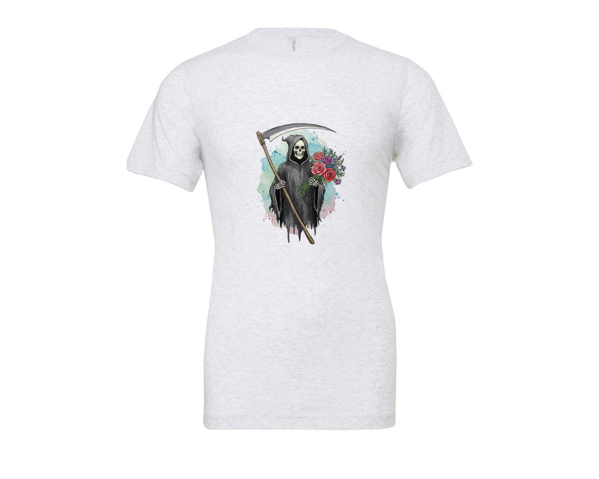 brand:Bella Canvas|color:Ash Grey|Grim Reaper With Flowers Gothic Graphic T-Shirt