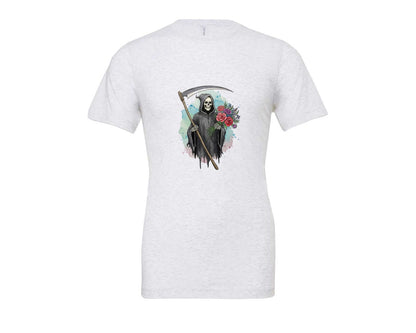 brand:Bella Canvas|color:Ash Grey|Grim Reaper With Flowers Gothic Graphic T-Shirt