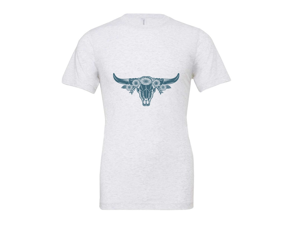 brand:Bella Canvas|color:Ash Grey|Western Bull Skull Longhorn Boho Flowers 4 Graphic T-Shirt