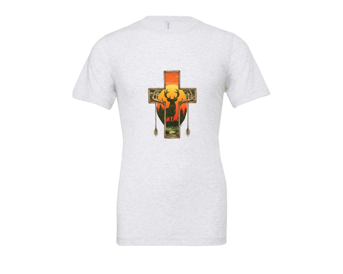 brand:Bella Canvas|color:Ash Grey|Deer Cross Rustic Hunting Cross Sub Graphic T-Shirt