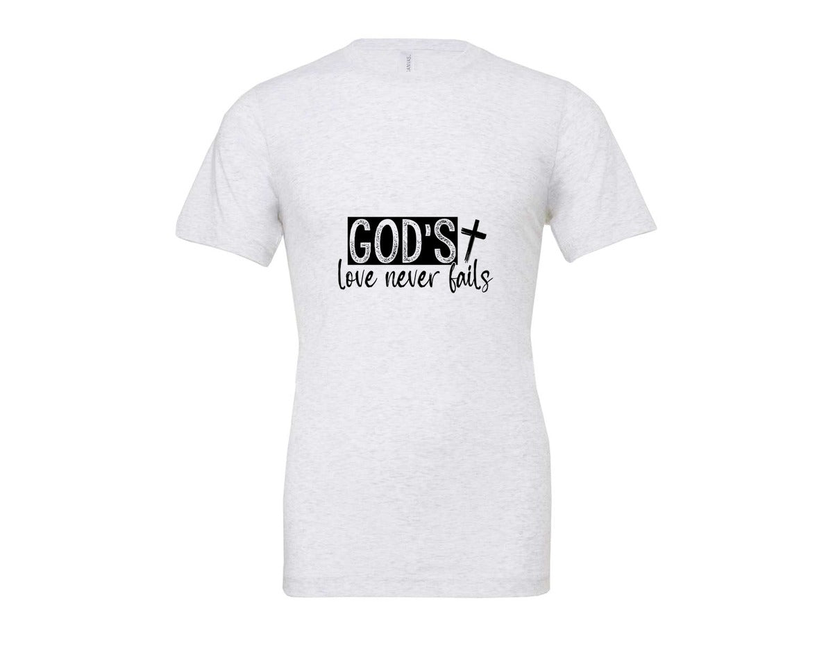 brand:Bella Canvas|color:Ash Grey|Gods Love Never Fails Sleeve Design 2 Graphic T-Shirt