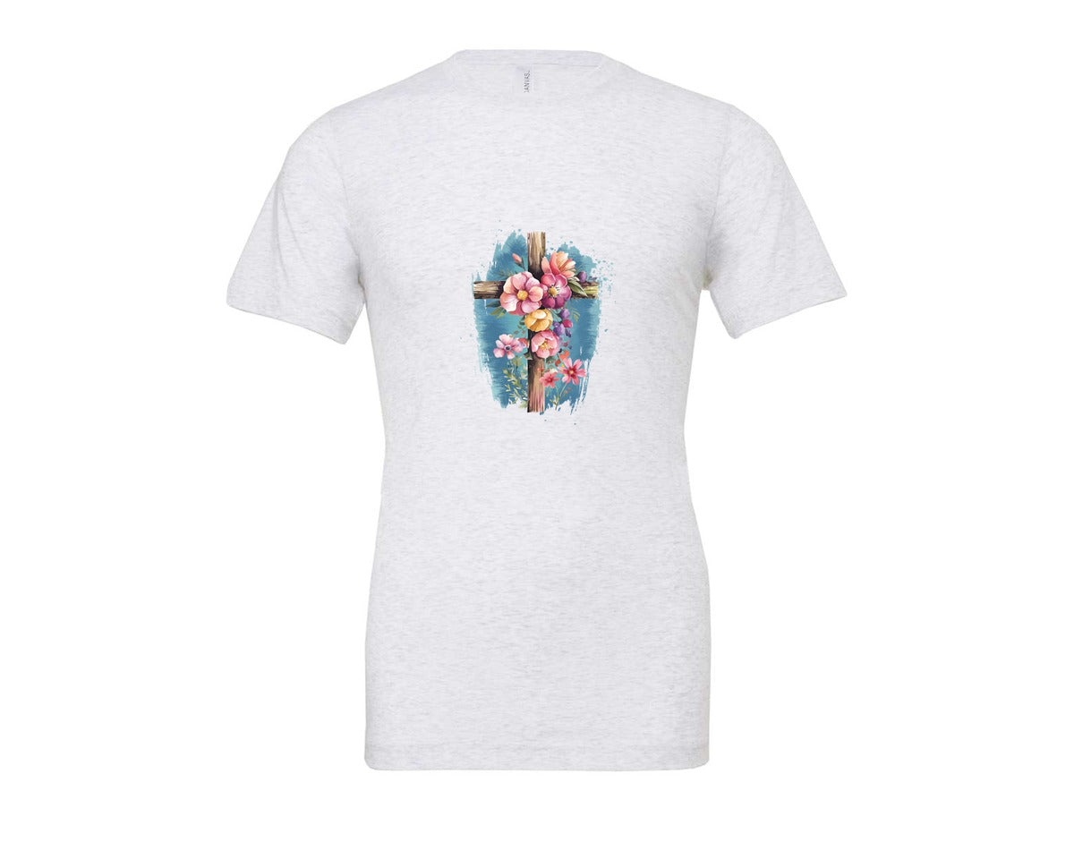 brand:Bella Canvas|color:Ash Grey|Floral Christian Cross Graphic T-Shirt