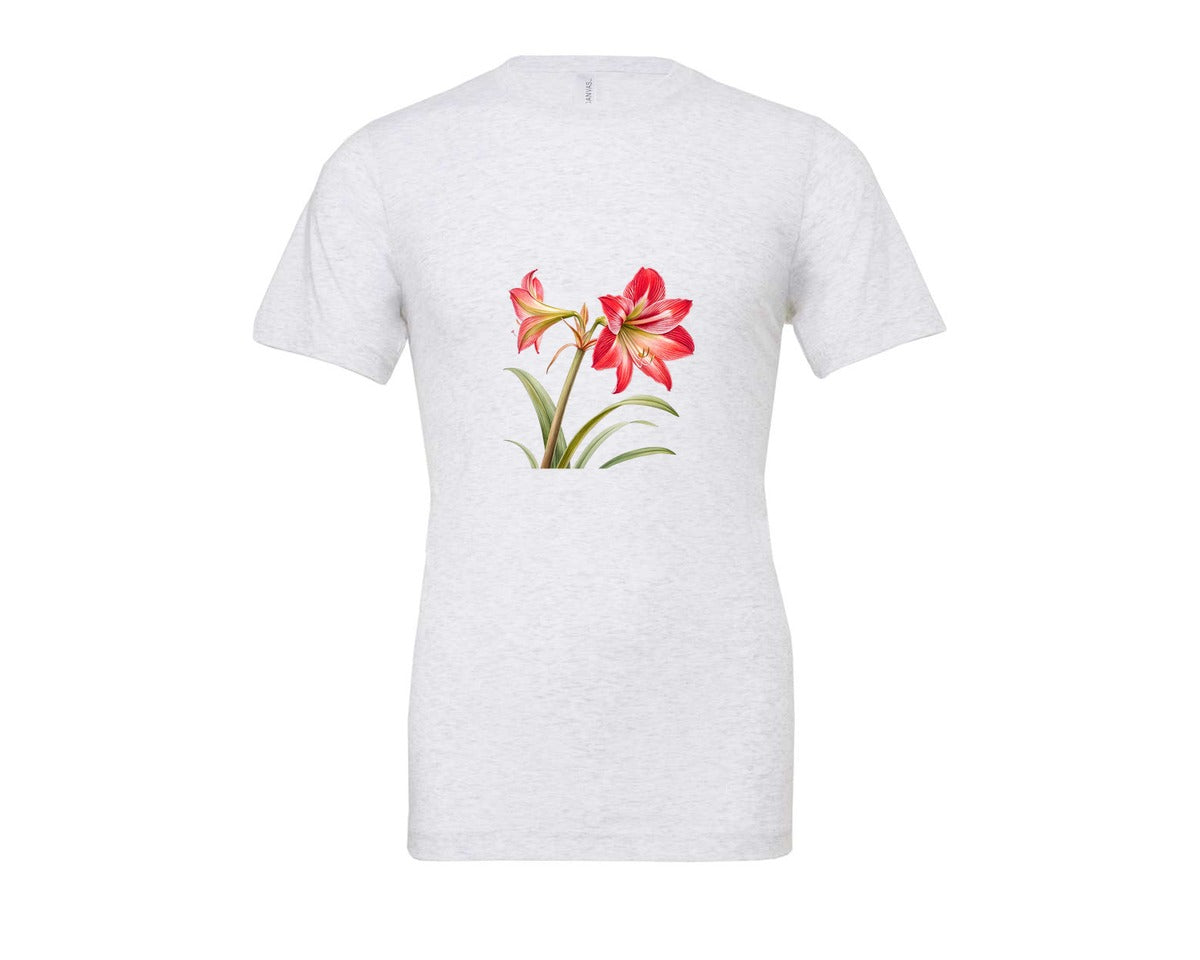 brand:Bella Canvas|color:Ash Grey|Red Amaryllis Flower T Shirt Design Graphic T-Shirt