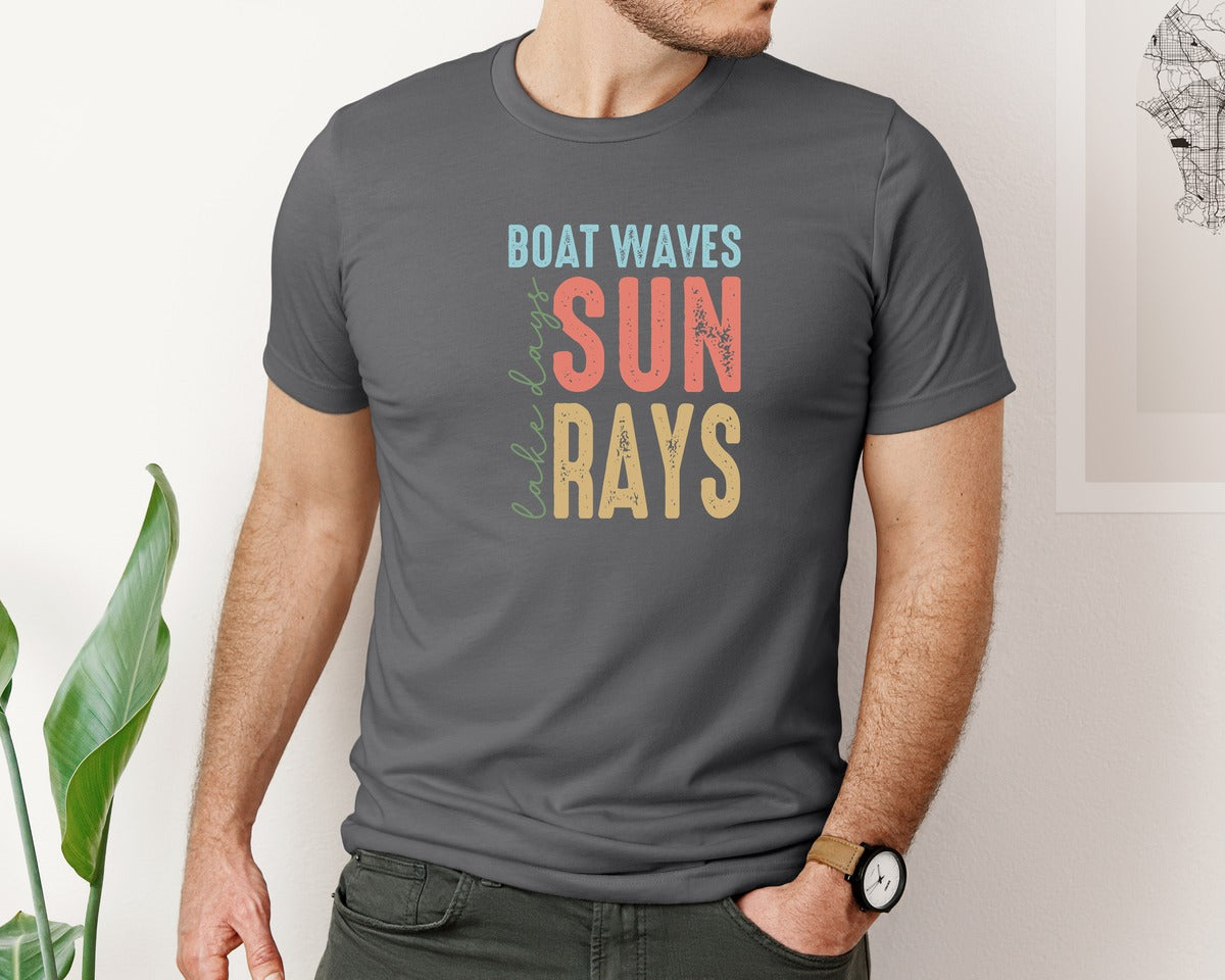 brand:Bella Canvas|color:Asphalt|Boat Waves Sun Ray Lake Days Summer Graphic T-Shirt