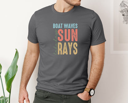 brand:Bella Canvas|color:Asphalt|Boat Waves Sun Ray Lake Days Summer Graphic T-Shirt