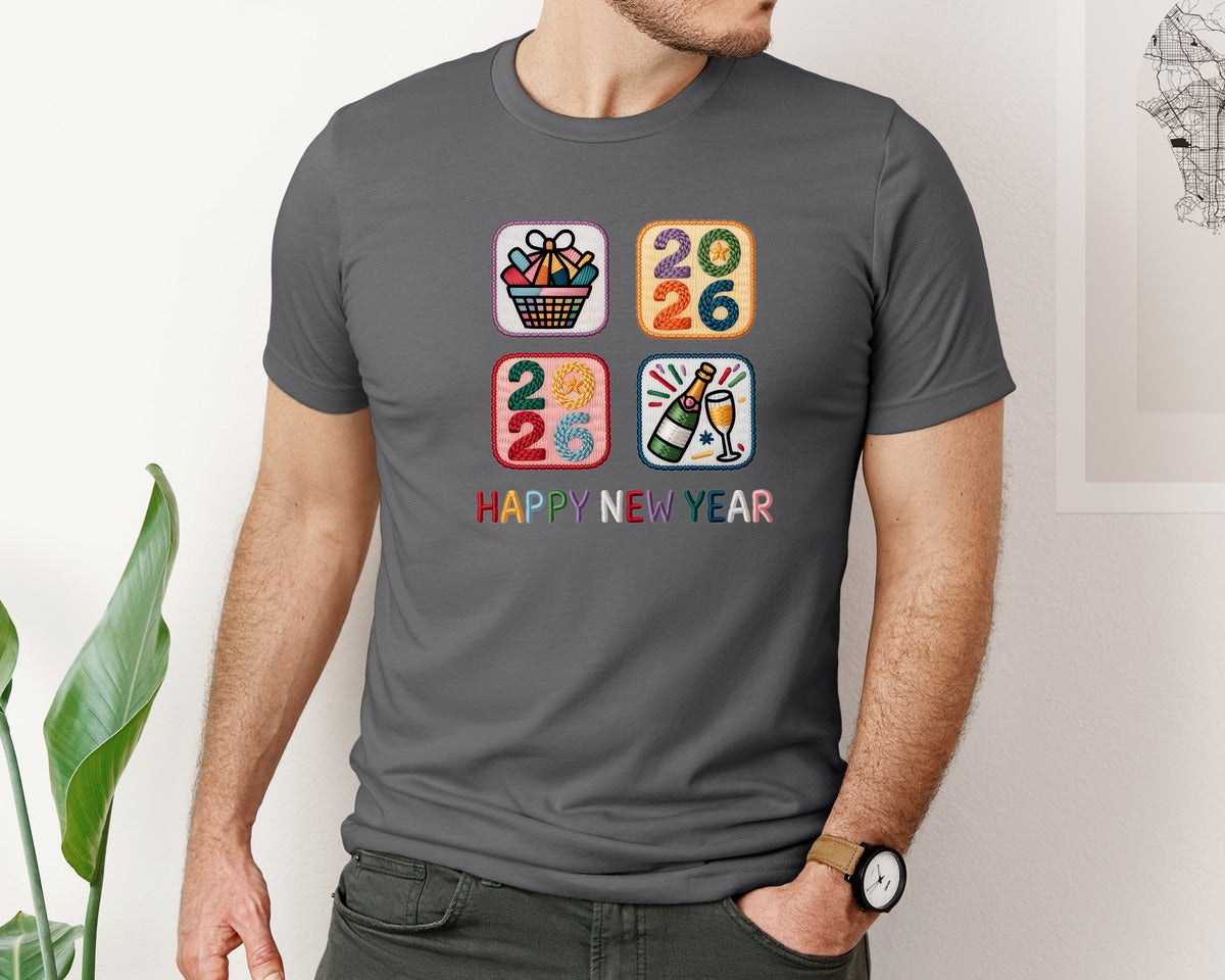 brand:Bella Canvas|color:Asphalt|Faux Yarn Happy New Year 2026 Glitt Graphic T-Shirt