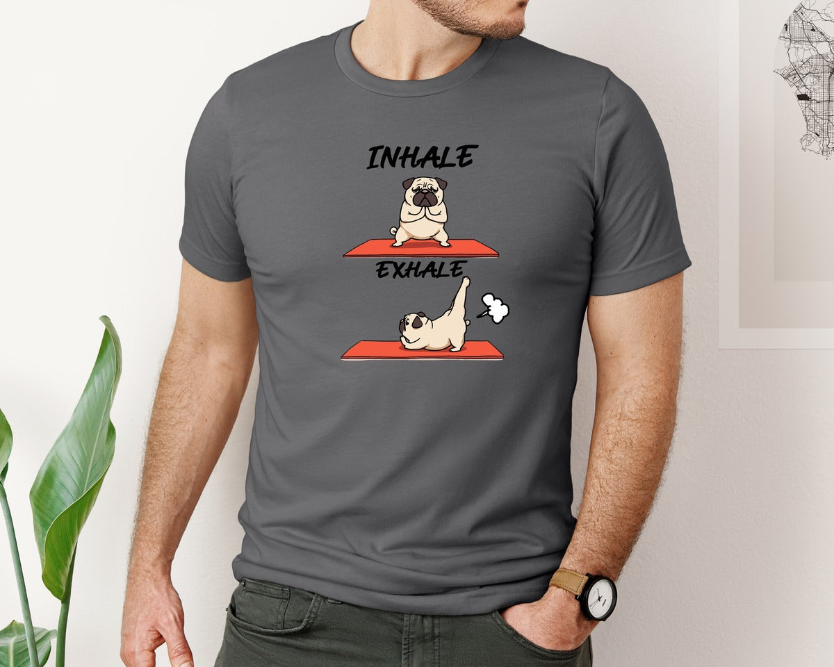 brand:Bella Canvas|color:Asphalt|Inhale Exhale Pug Yoga Funny Dog Graphic T-Shirt