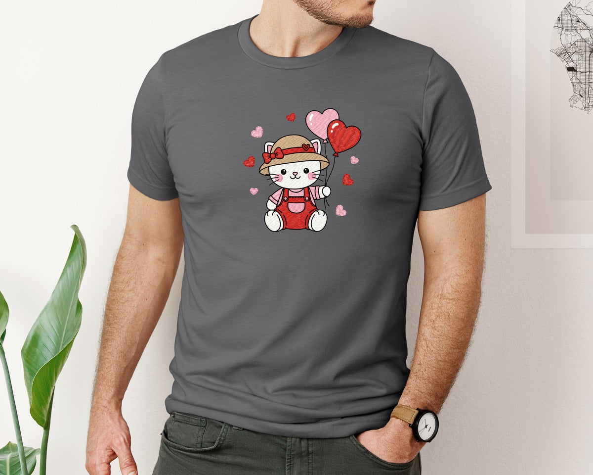 brand:Bella Canvas|color:Asphalt|Cute Valentine Cat Embroidery Style Graphic T-Shirt