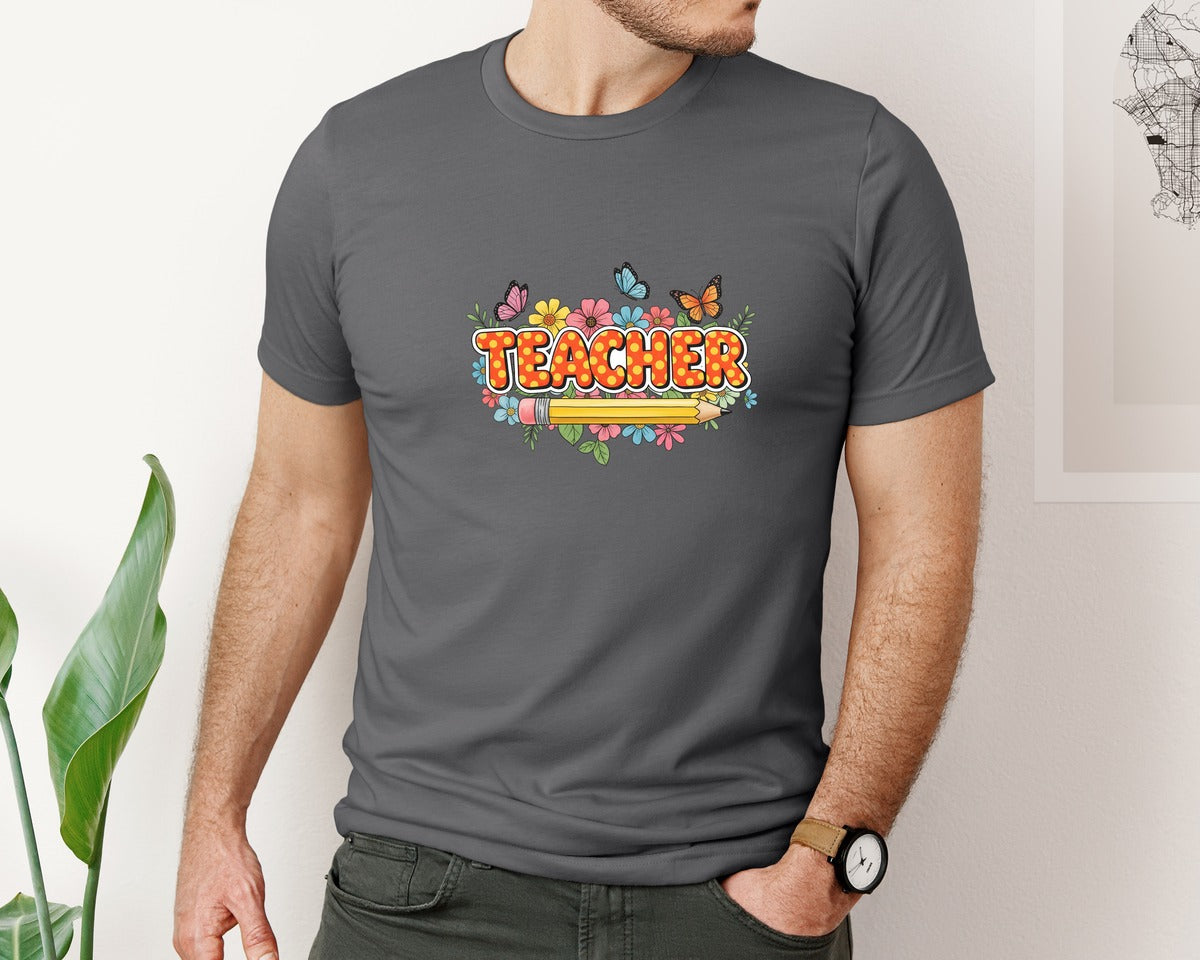 brand:Bella Canvas|color:Asphalt|Teacher Wildflowers Boho Teacher 2 Graphic T-Shirt