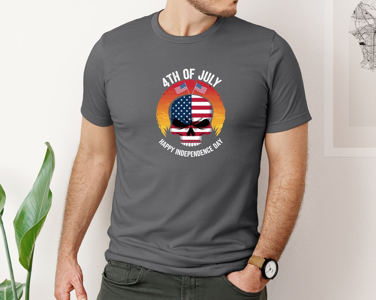 brand:Bella Canvas|color:Asphalt|4Th Of July American Skull Sunset Indepe Graphic T-Shirt