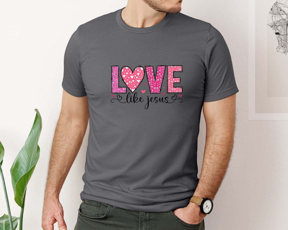 brand:Bella Canvas|color:Asphalt|Love Like Jesus Coquette 3 Graphic T-Shirt