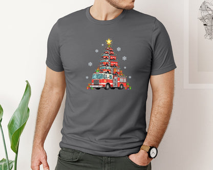 brand:Bella Canvas|color:Asphalt|Firetruck Christmas Tree Firefighte Graphic T-Shirt