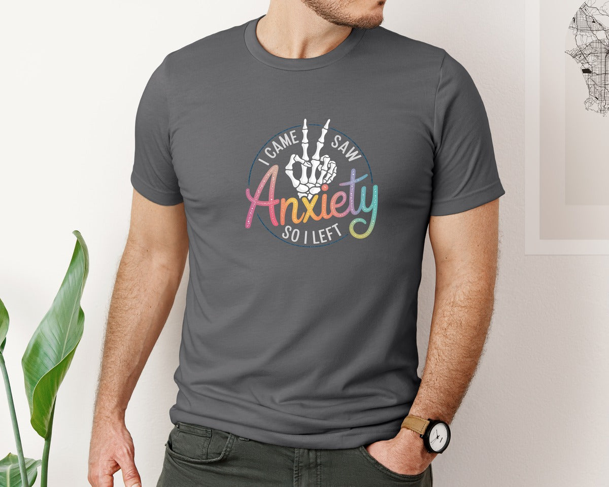brand:Bella Canvas|color:Asphalt|I Came I Saw Anxiety Gothic 3 Graphic T-Shirt