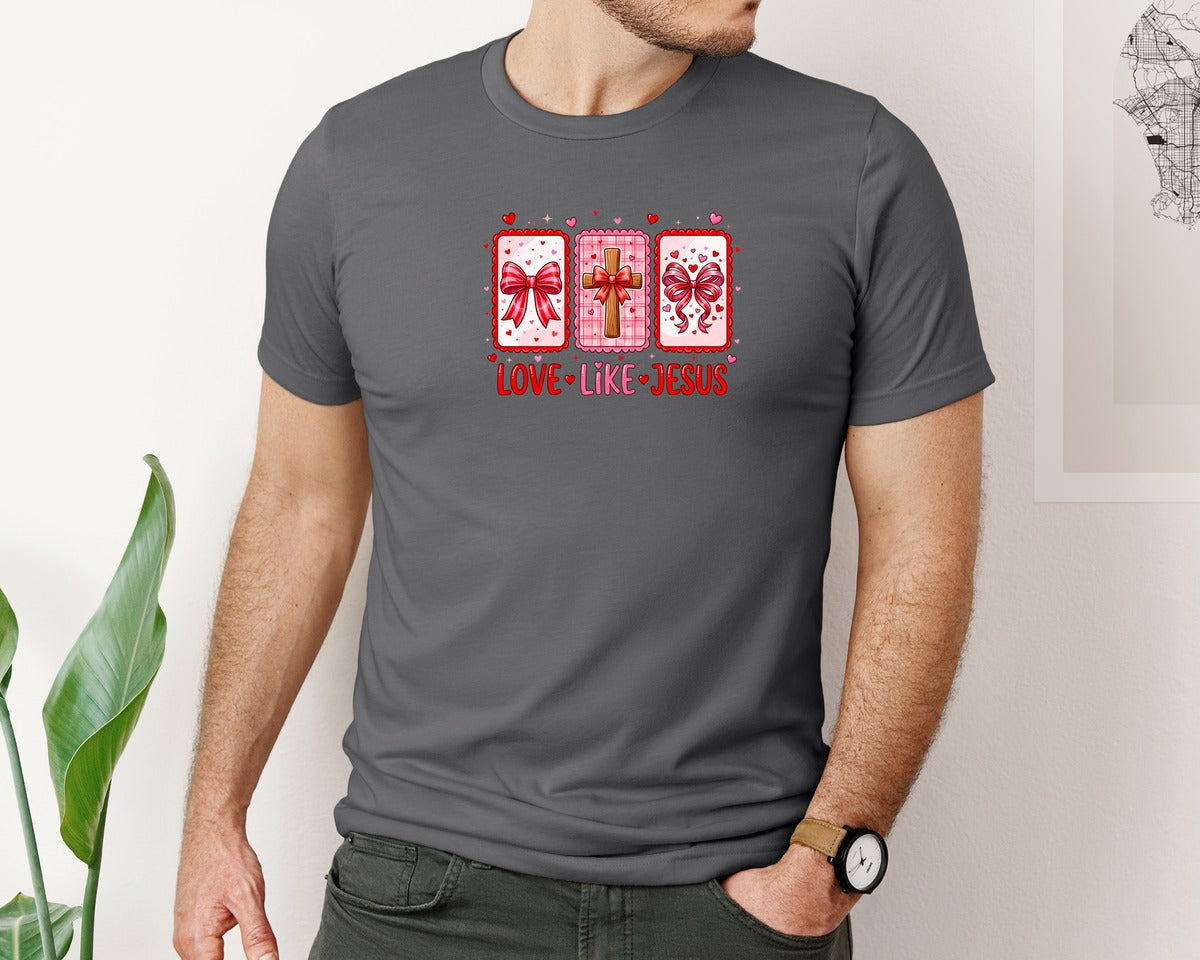 brand:Bella Canvas|color:Asphalt|Love Like Jesus Cute Christian Graphic T-Shirt