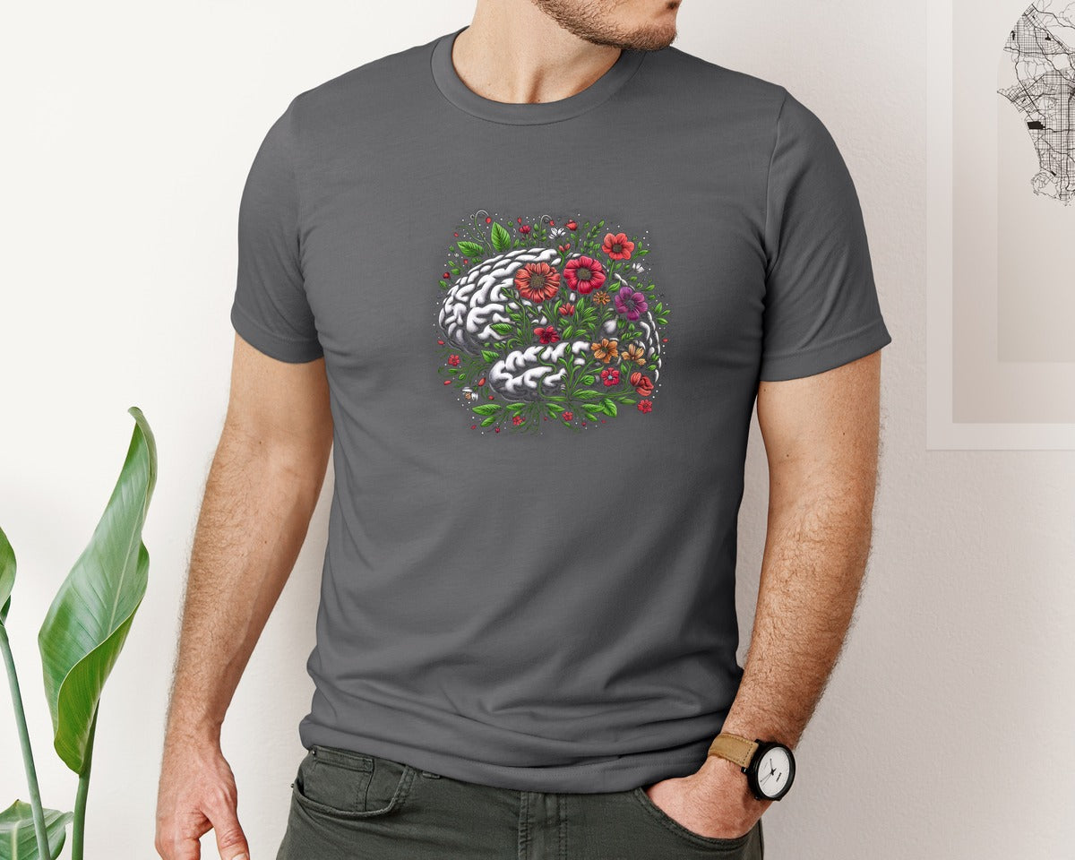 brand:Bella Canvas|color:Asphalt|Mental Health Brain Plants Flowers Graphic T-Shirt