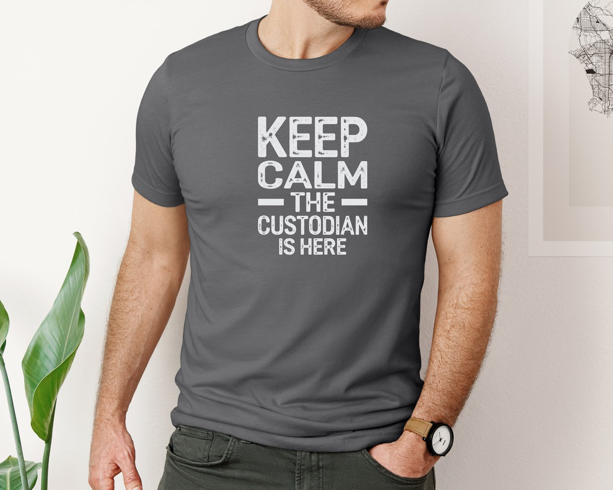 brand:Bella Canvas|color:Asphalt|Keep Calm Custodian Here Graphic T-Shirt