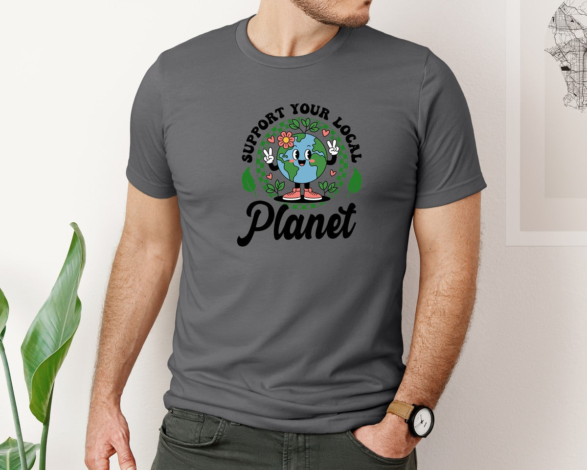 brand:Bella Canvas|color:Asphalt|Earth Day Support Your Local Planet 2 Graphic T-Shirt