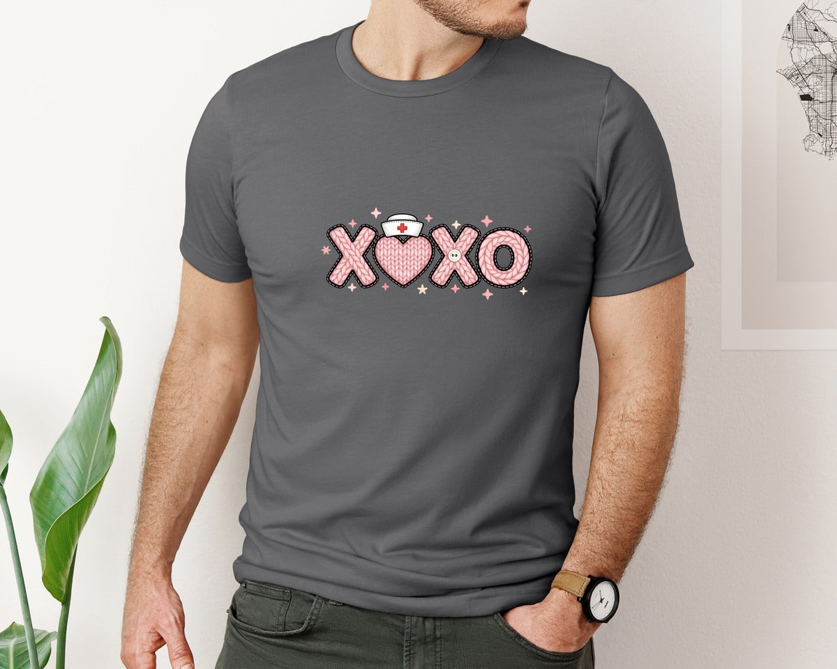 brand:Bella Canvas|color:Asphalt|Faux Yarn Xoxo Valentine Nurse Graphic T-Shirt