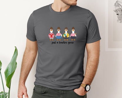 brand:Bella Canvas|color:Asphalt|Just A Teacher Goose Funny Teacher Graphic T-Shirt