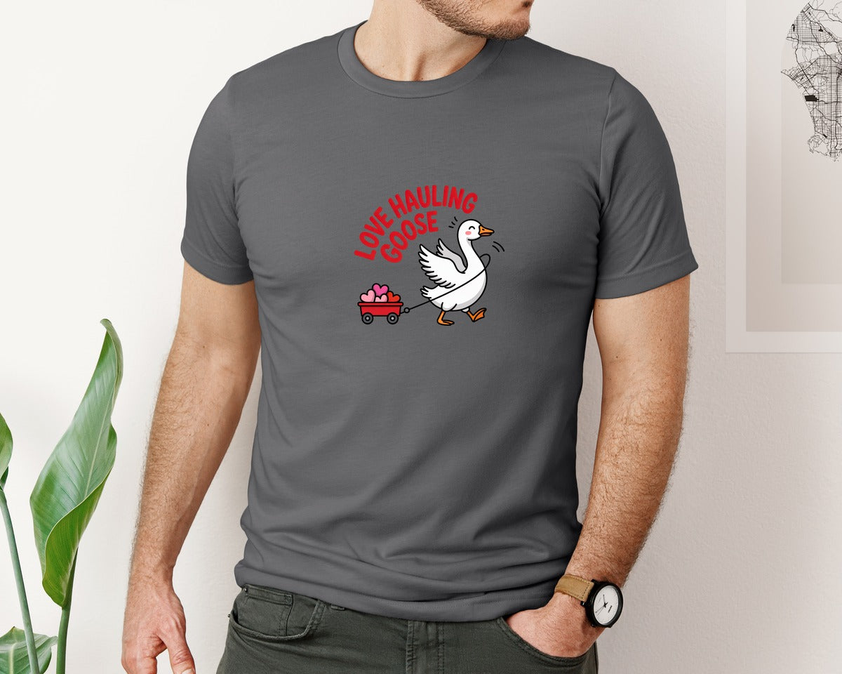 brand:Bella Canvas|color:Asphalt|Love Hauling Goose Valentine Wagon Graphic T-Shirt