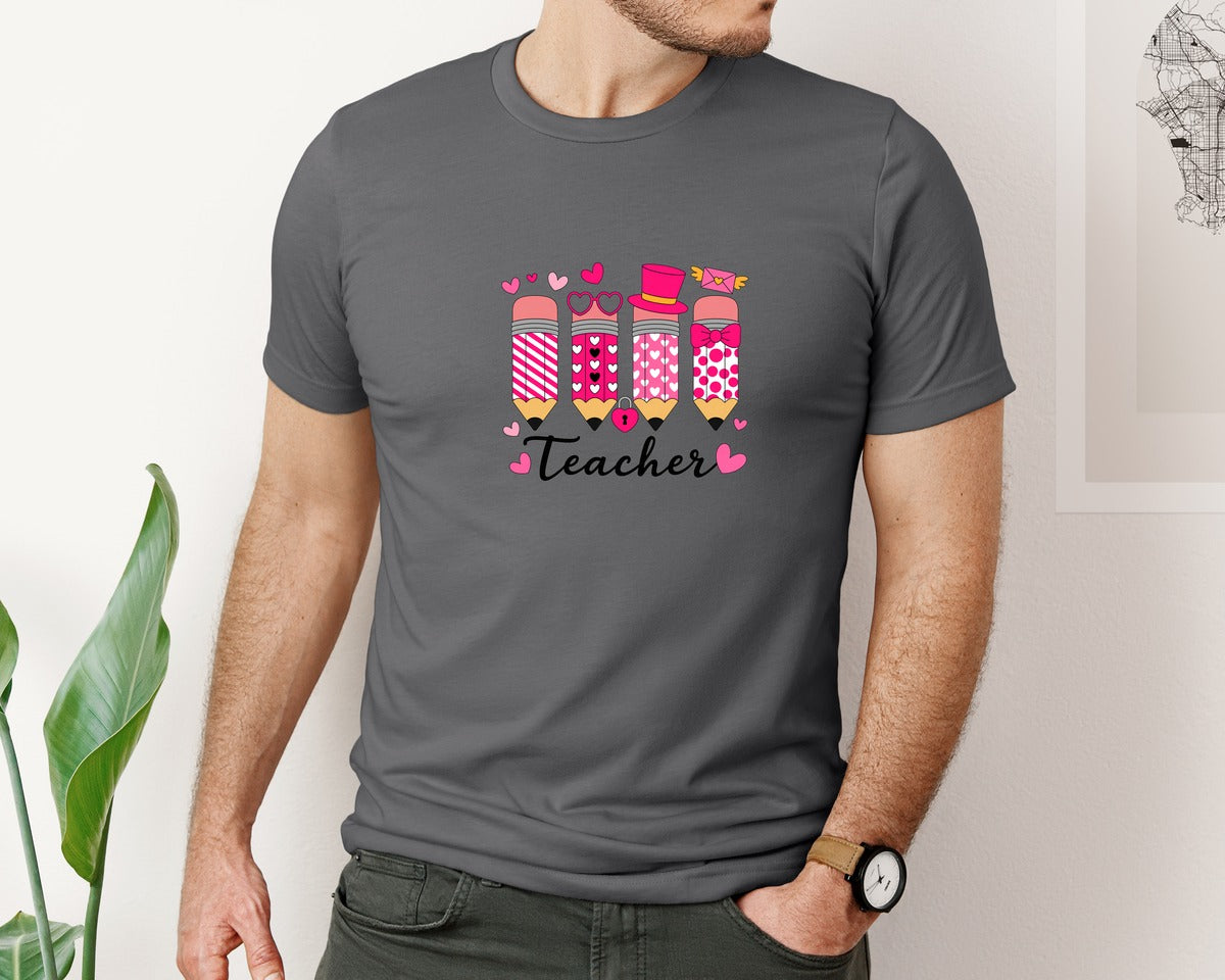 brand:Bella Canvas|color:Asphalt|Teacher Valentine Heart Pencil 6 Graphic T-Shirt