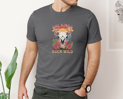 brand:Bella Canvas|color:Asphalt|She Kinda Buck Wild Western Aesthetic 3 Graphic T-Shirt