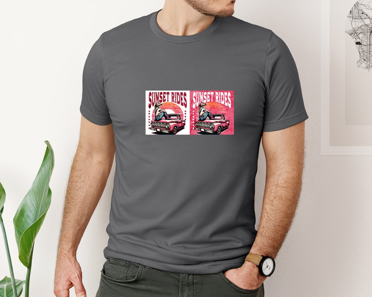 brand:Bella Canvas|color:Asphalt|Sunset Rides Cowgirl Vintage Truck Graphic T-Shirt