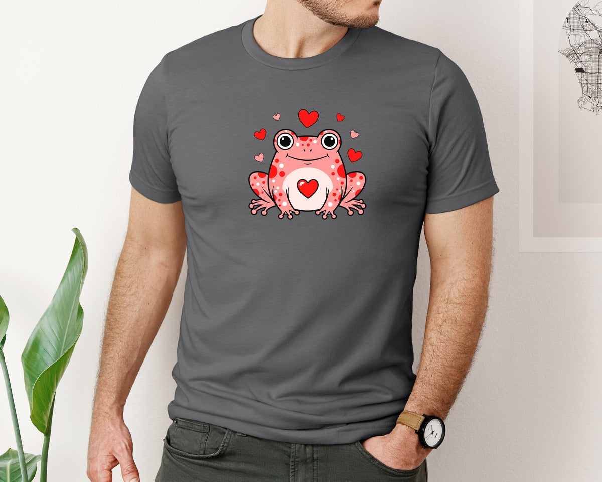 brand:Bella Canvas|color:Asphalt|Cute Valentine Frog With Hearts Graphic T-Shirt